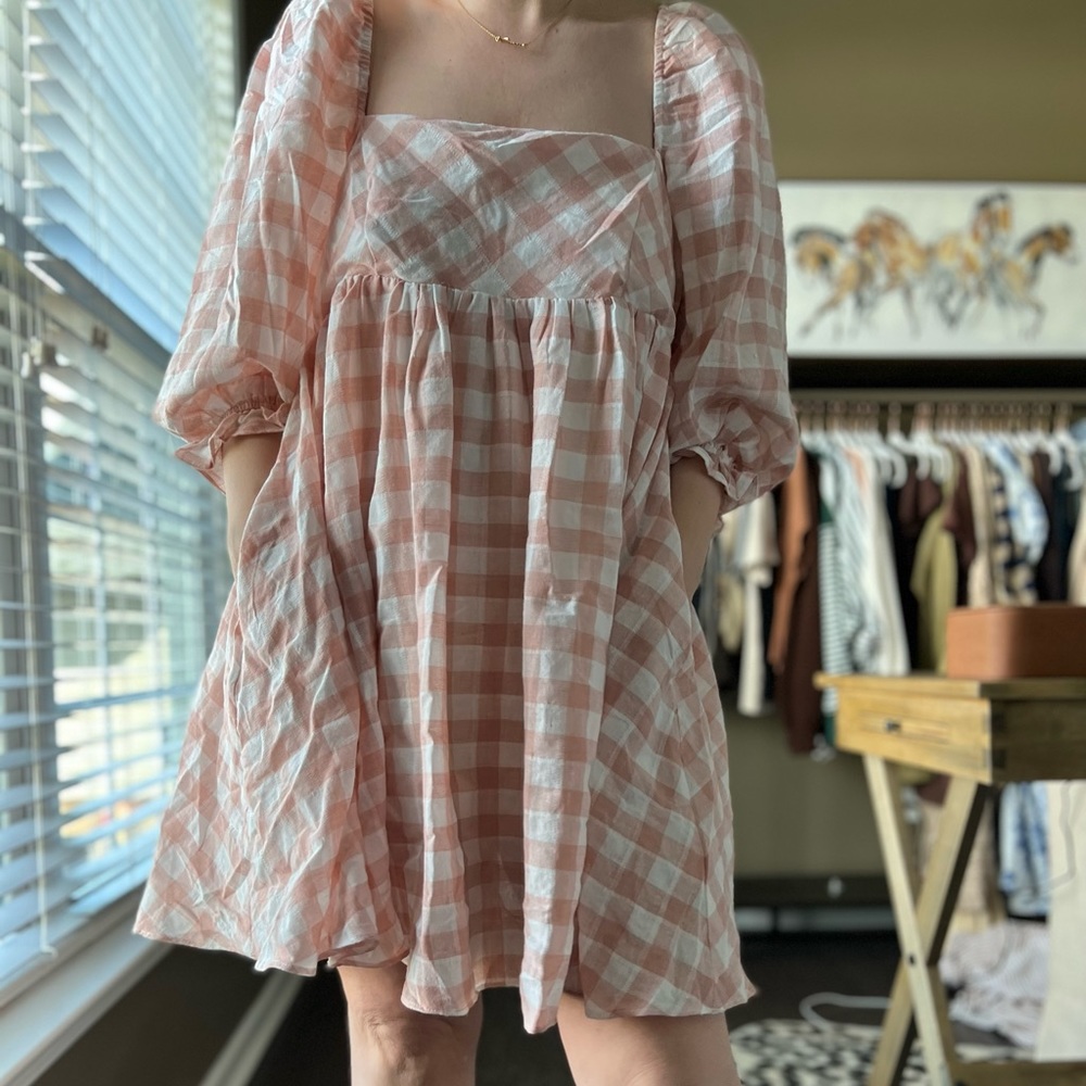Boutique Blush Gingham Babydoll dress size Large